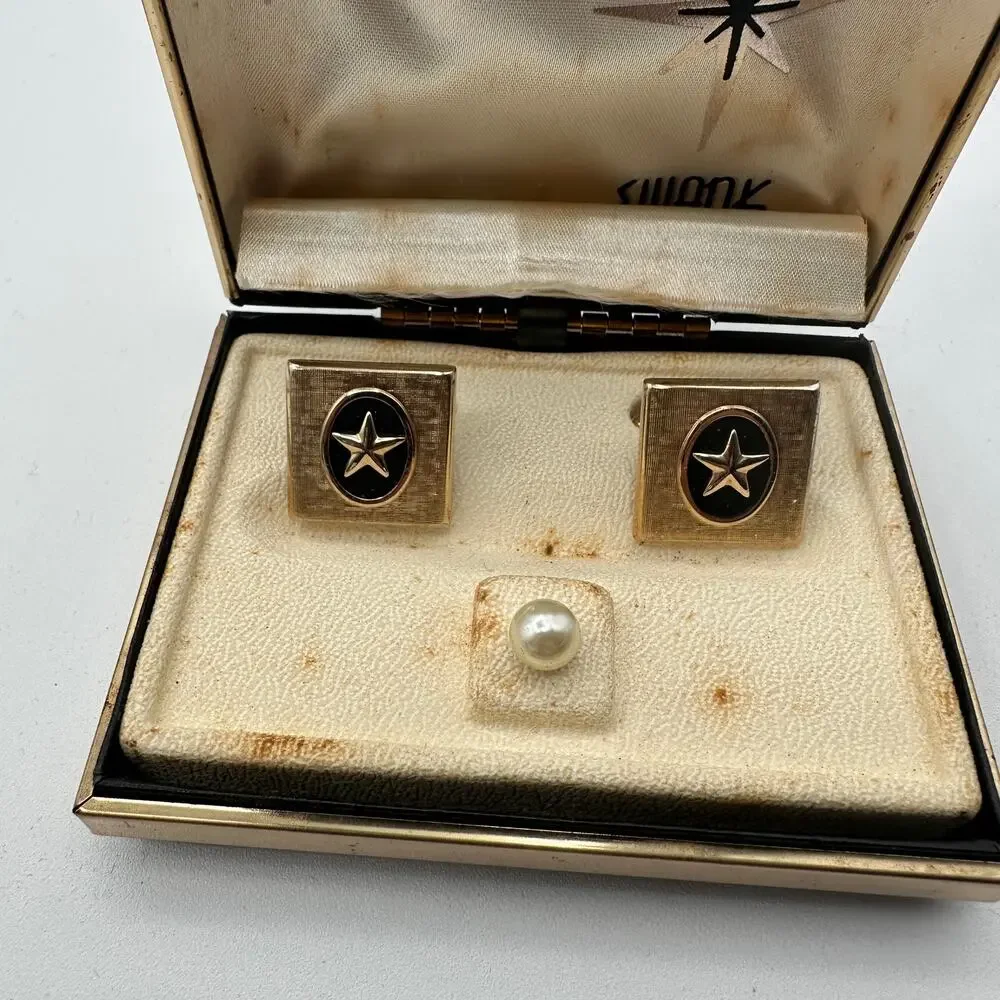 Vintage Swank Texas Star Cuff Links Set Gold Tone Square Shape Tie Pin